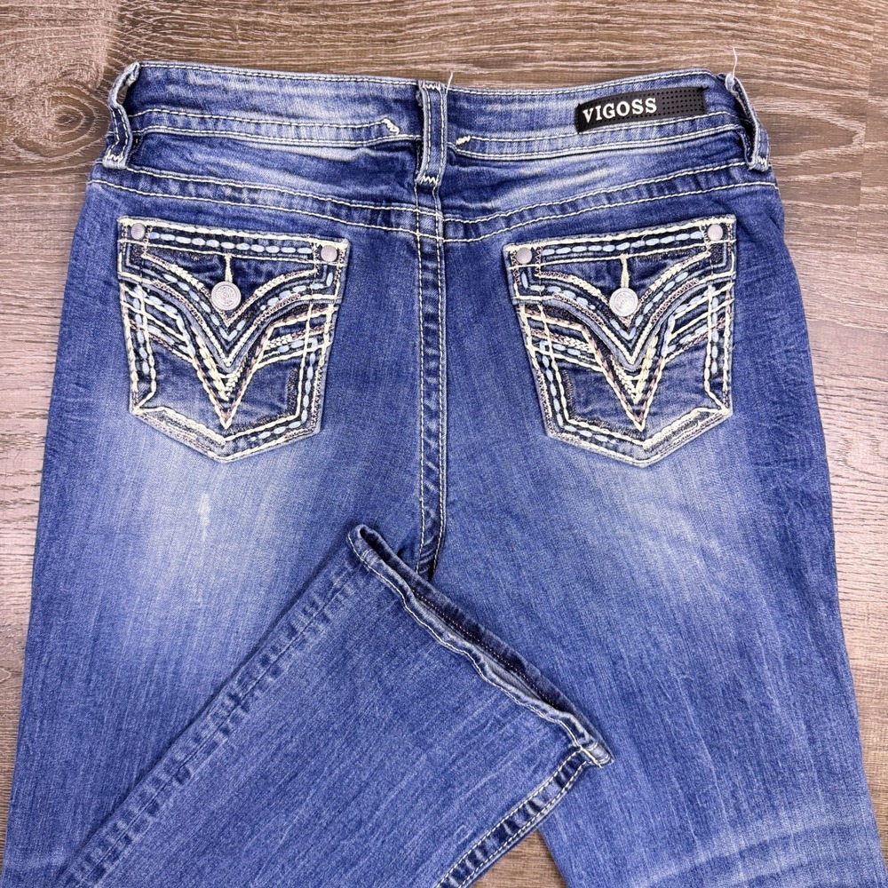 Y2K Vigoss Bootcut Jeans Women Size 8 Blue Heritage Fit Embroidered Flap Pocket